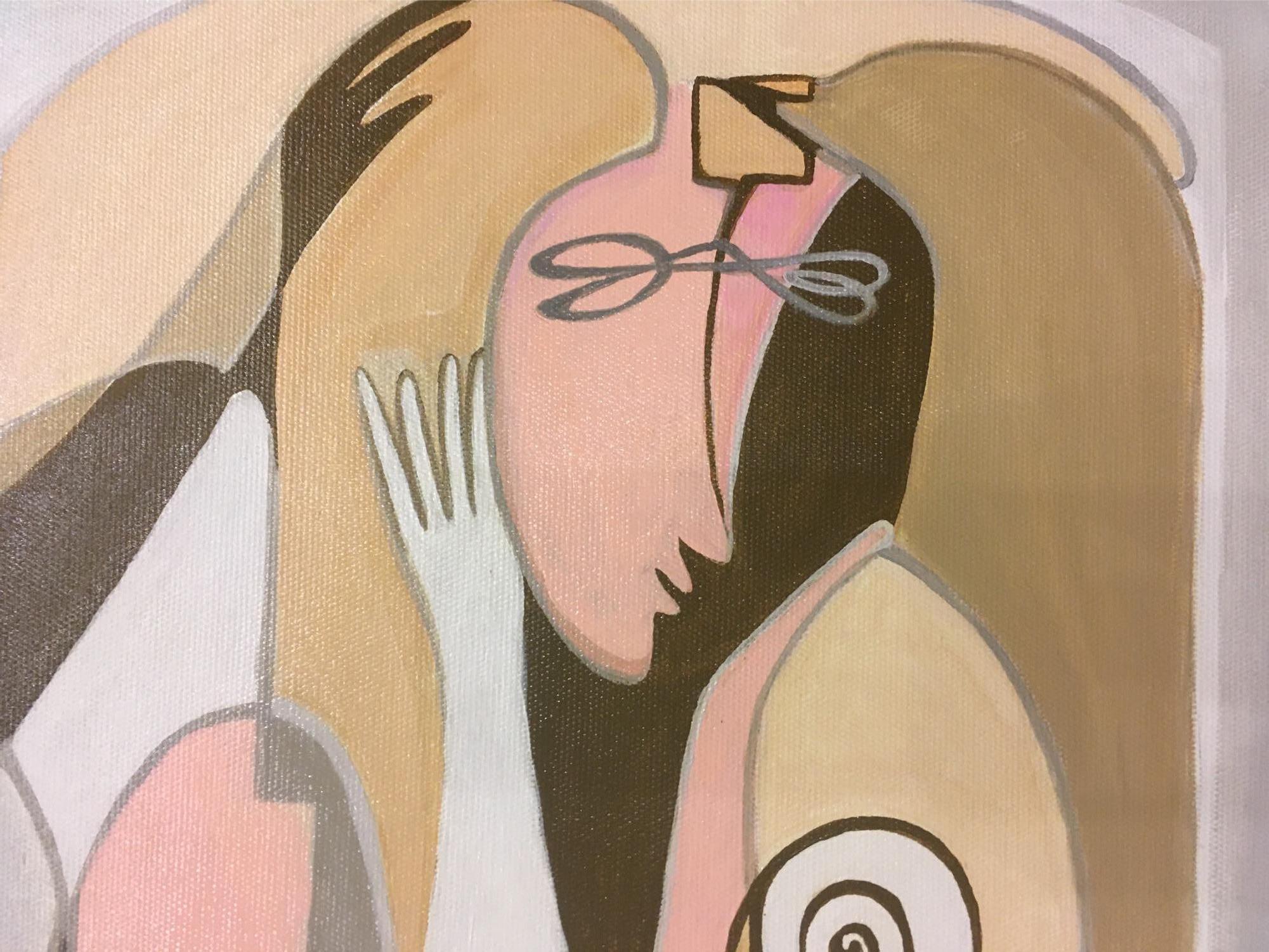 Flirt-abstraction art, made in grey, pale pink, brown, ochre, beige color - Painting by Galin R