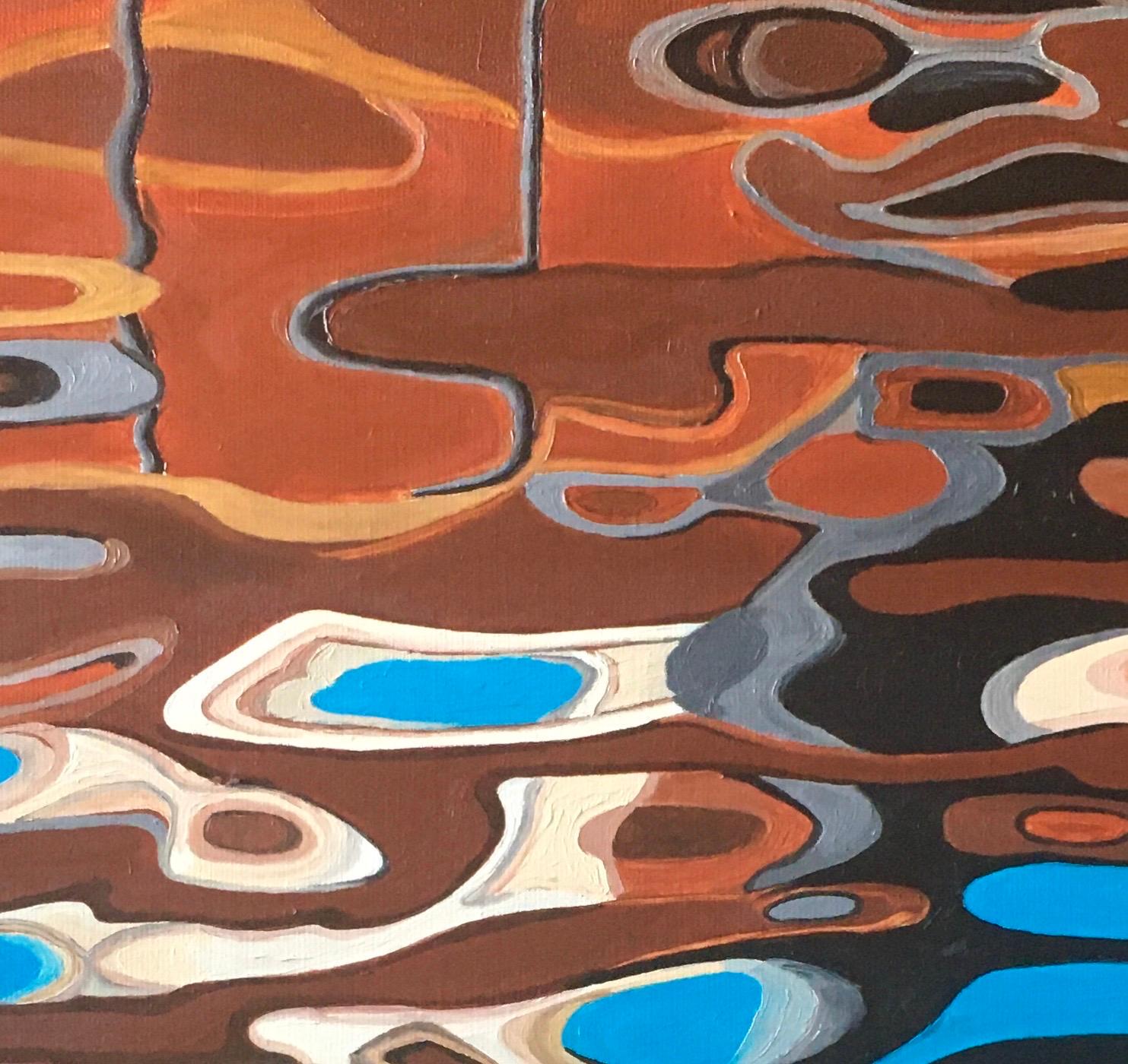 Reflektions-abstraktes Gemälde, gemalt in Blau, Braun, Beige, Orange und Grau – Painting von Galin R
