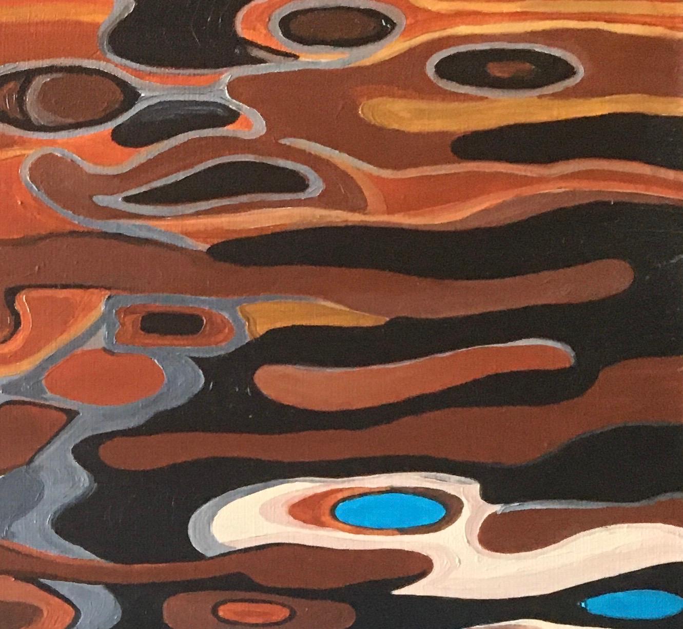 Peinture abstraite à la réflexion, réalisée en bleu, brun, beige, orange et gris - Gris Landscape Painting par Galin R