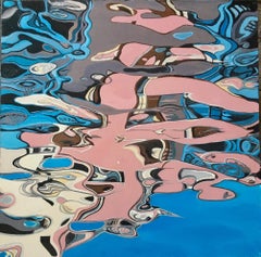 Reflection II-abstract painting, made in sky blue, pink, beige, grey color