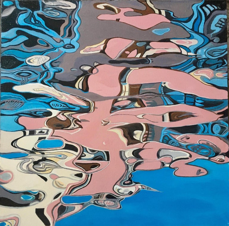 Reflection II-abstract painting, made in sky blue, pink, beige, grey color - Painting by Galin R