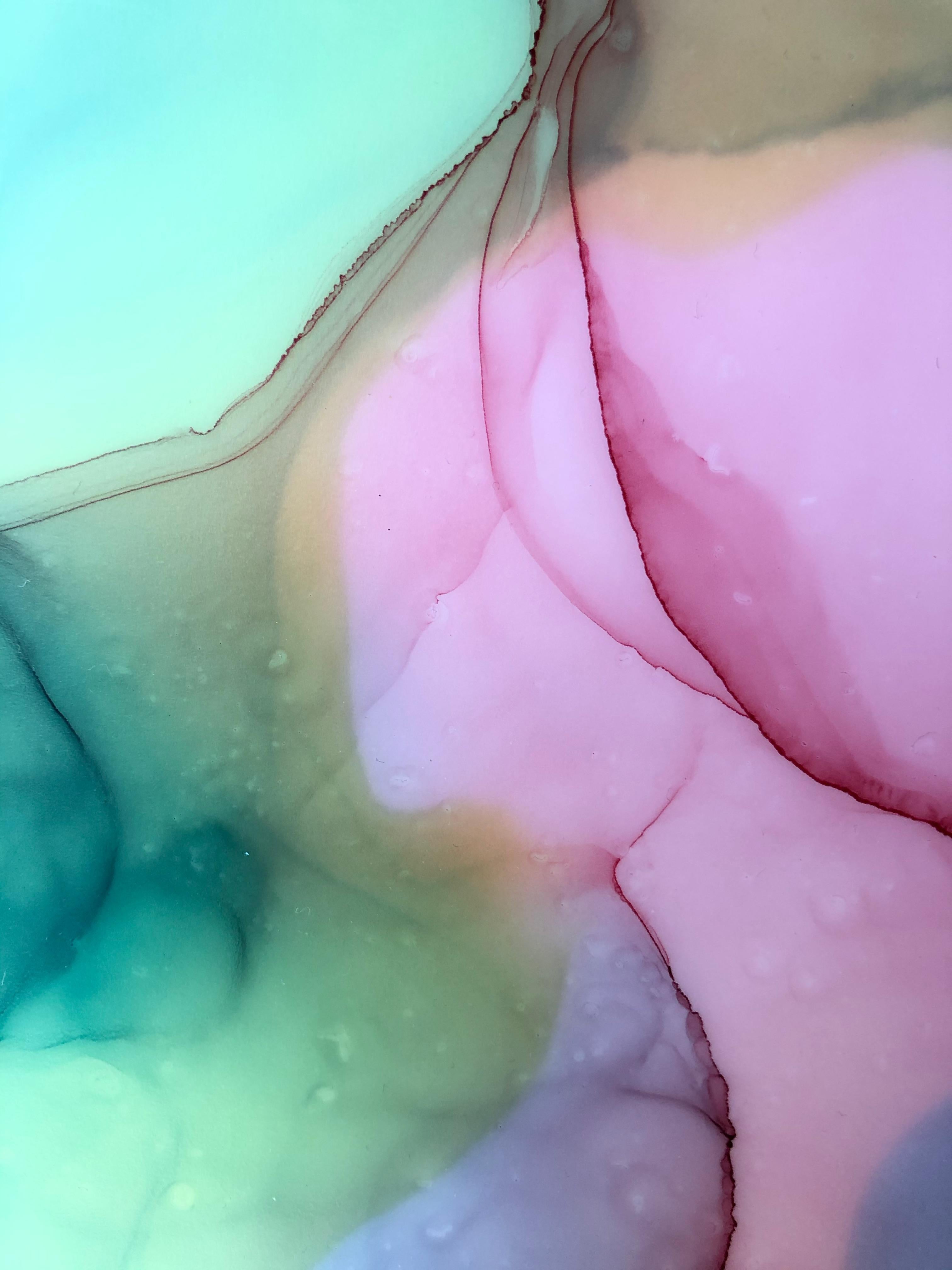 Armonia - arte d'astrazione, realizzata nei colori blu, rosa, giallo e verde in vendita 1