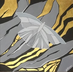 Polillas-arte abstracto, realizado en negro, dorado, gris, blanco