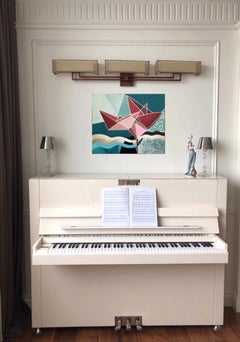 Nostalgia.Origami paper boat-abstract painting, made in pink, turquoise, vine, gold