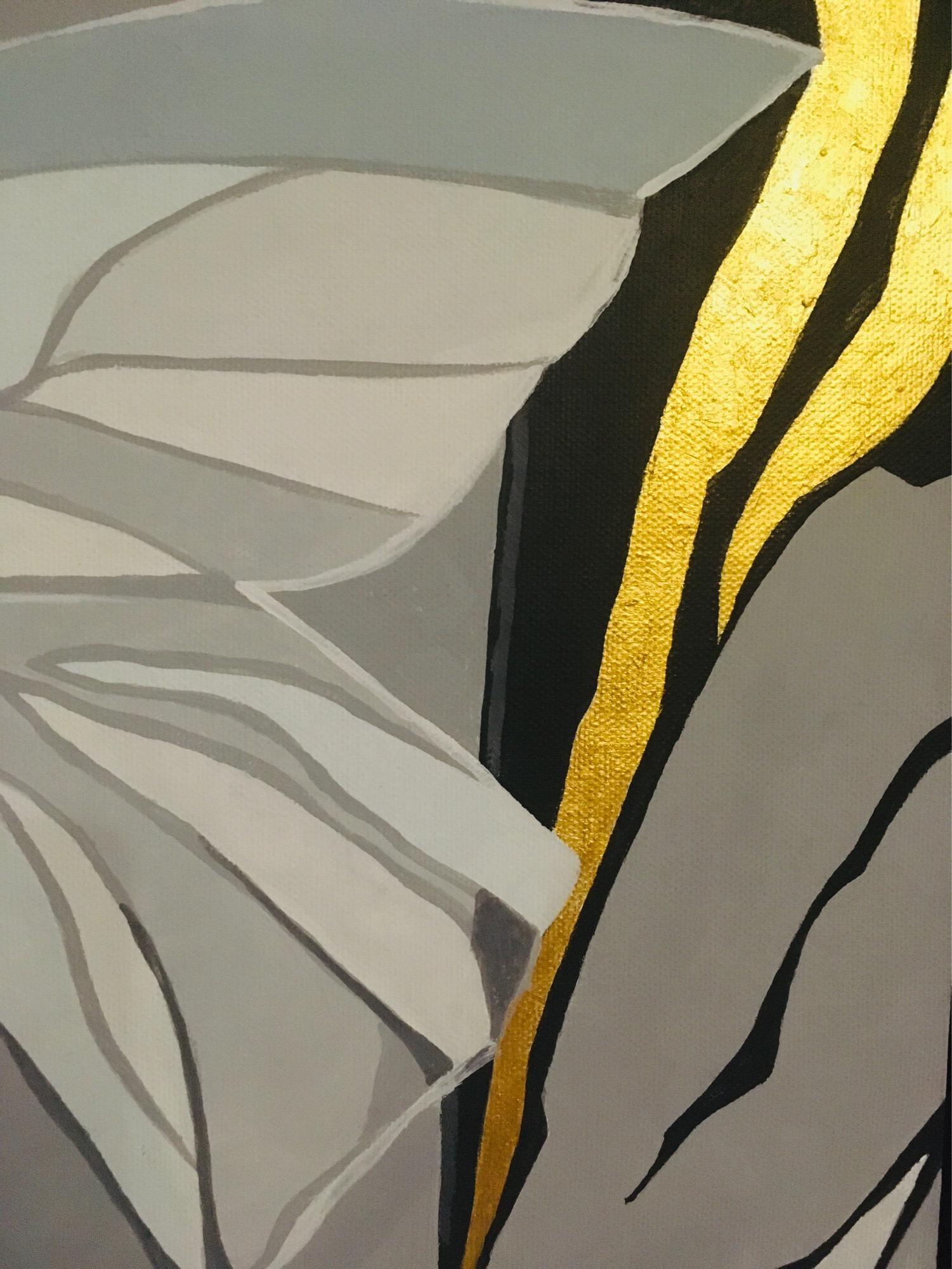 Art de l'abstraction du tissu, réalisé en noir, or, gris, blanc, beige en vente 1
