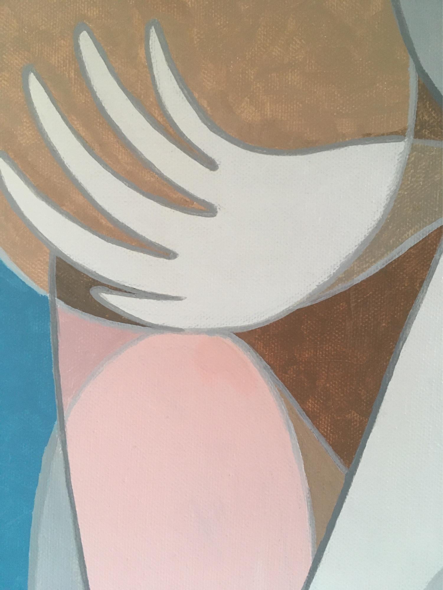 Sie liebte es, wenn sie nachts abstraktes, nacktes Mädchen mit einem Vogel in Türkis (Grau), Nude Painting, von Galin R