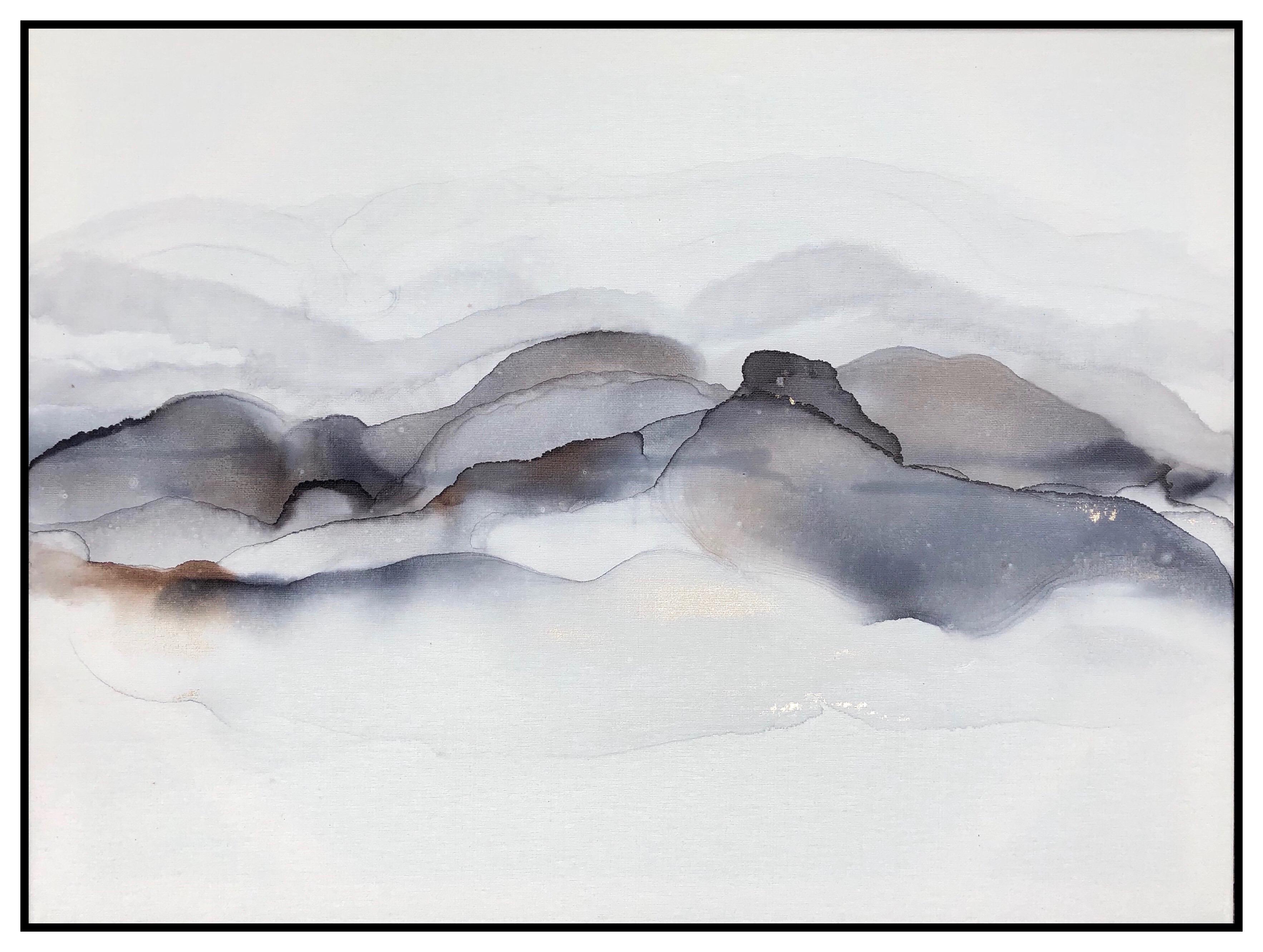 Haze (mountains diptych)-abstract painting, made in grey, brown, blue, gold - Abstract Painting by Mila Akopova