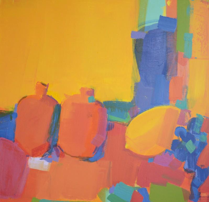 Oriental still-life - abstract painting, made in yellow, orange, red, blue color