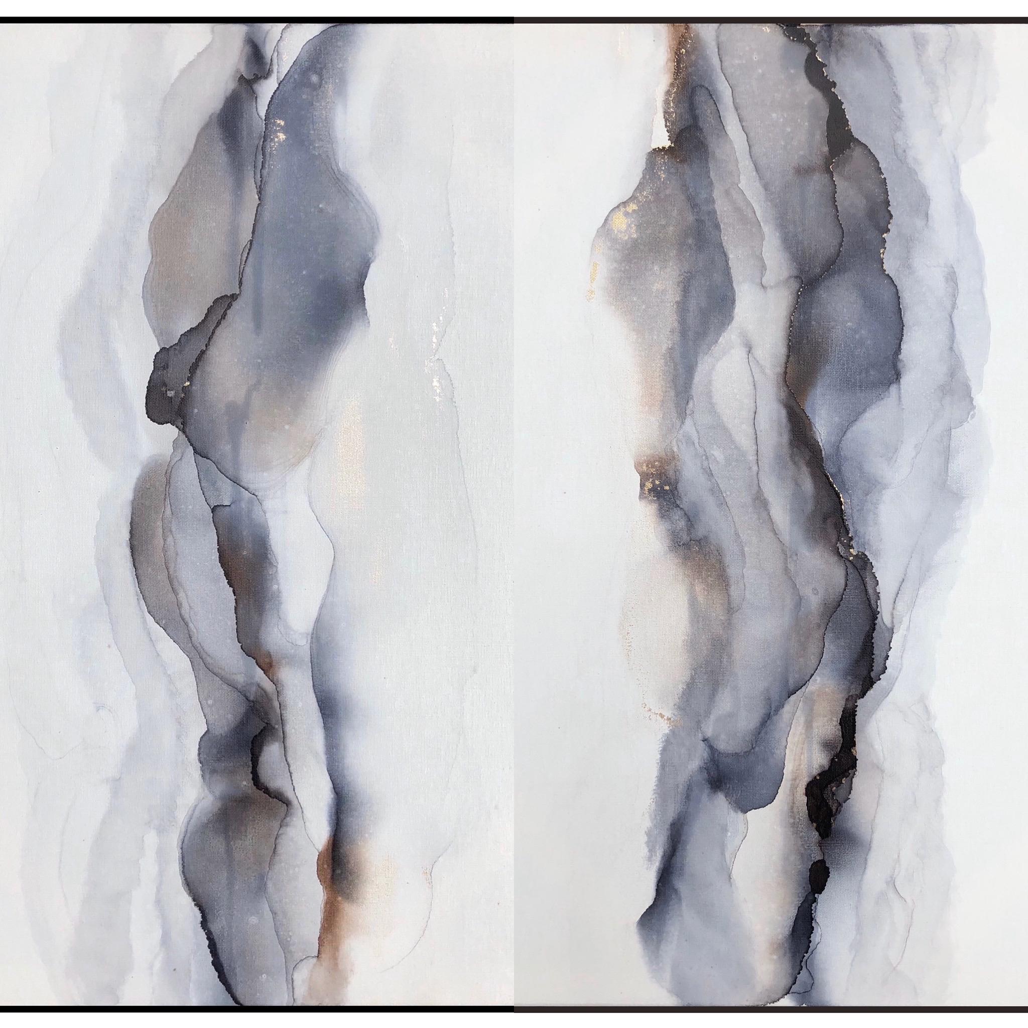 Haze (mountains diptych)-abstract painting, made in grey, brown, blue, gold