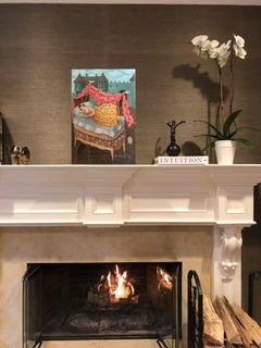 The Princess and the Pea-illustration naive art, made in pink, brown, blue, yell