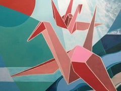 B52. Origami paper boat-abstract painting, made in pink, turquoise, vine, gold color