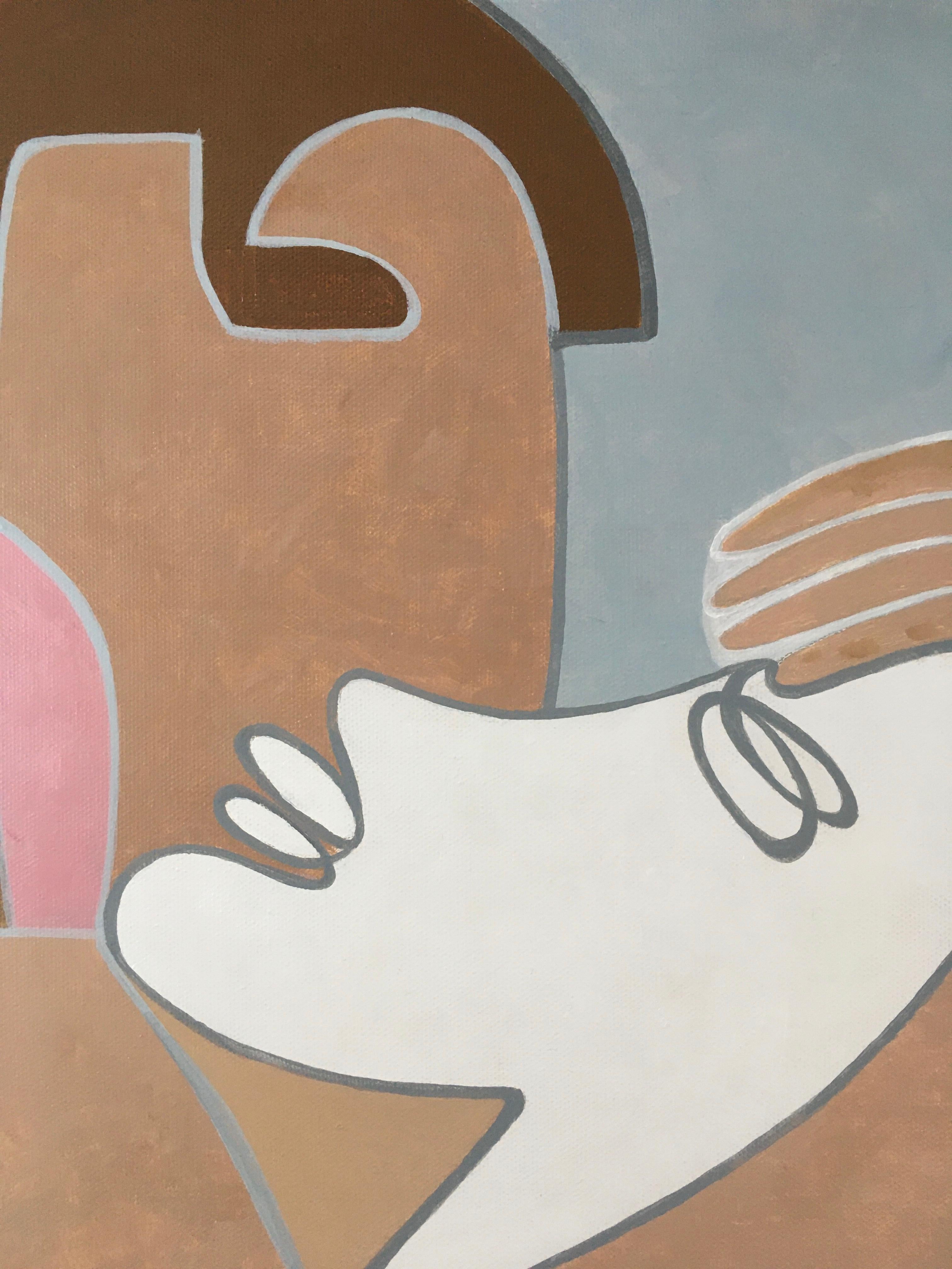 Paar-abstraktes nacktes Mädchen mit einem Jungen, gefertigt in Türkis, Beige, Rosa und Braun – Painting von Galin R