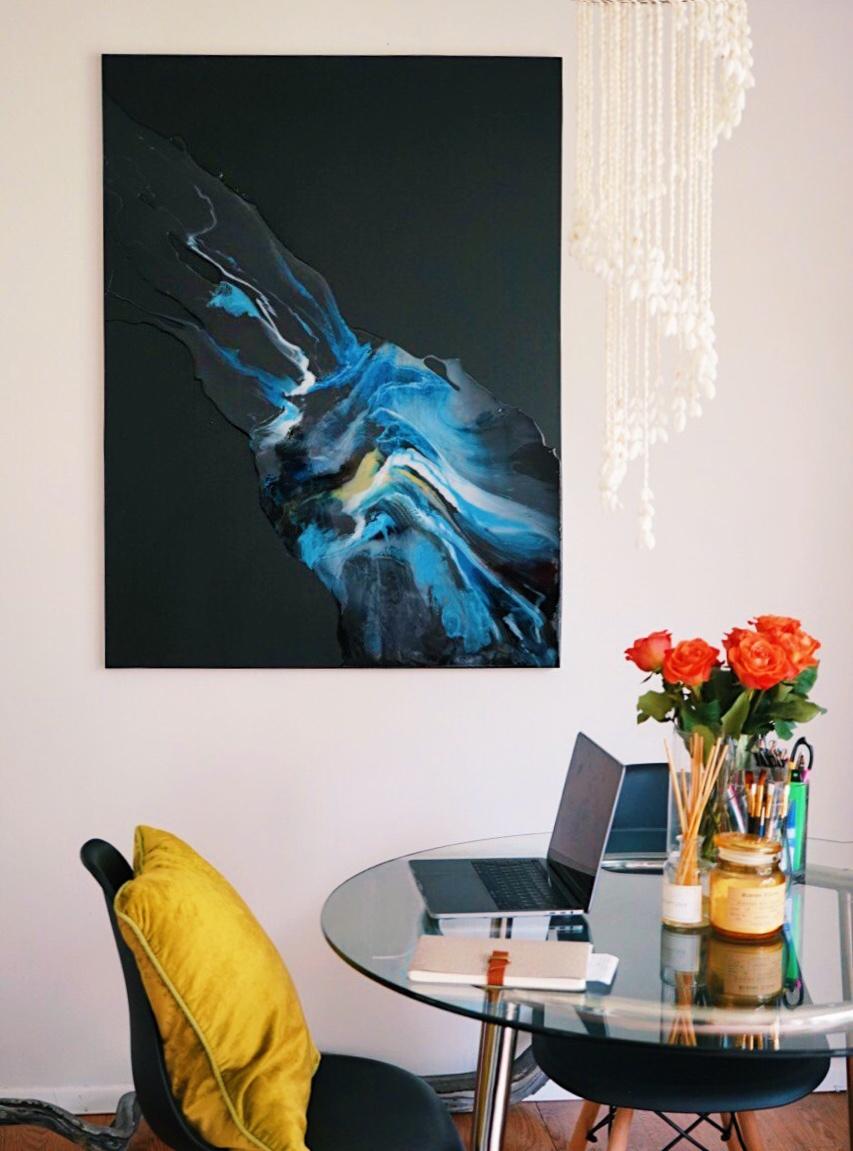 The Ocean at Home (dittico) - arte d'astrazione, realizzata in nero, bianco e blu in vendita 1