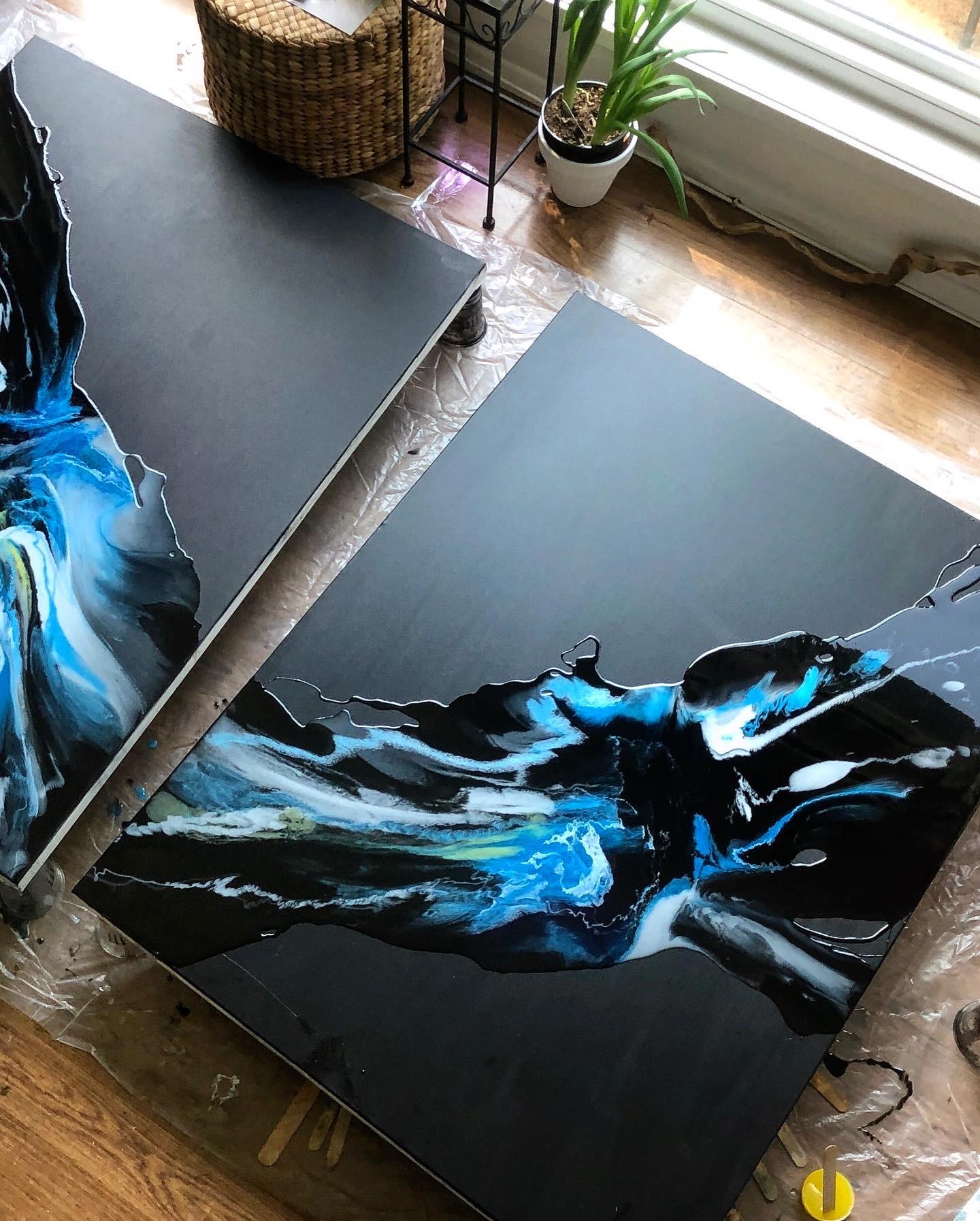 The Ocean at Home (diptych) - abstraction art, made in black, white, blue color - Abstract Mixed Media Art by Elena Cher