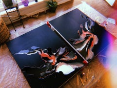 Rosy Water (Diptych) - abstraction art, made in black, rose, salmon red, white