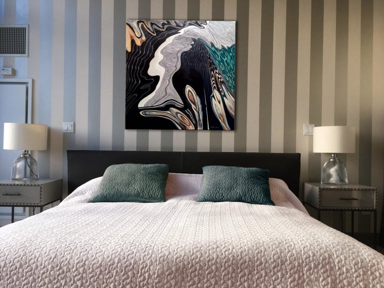 Dream (wave, reflections) -made in turquoise, beige, grey, black and white color - Painting by Galin R