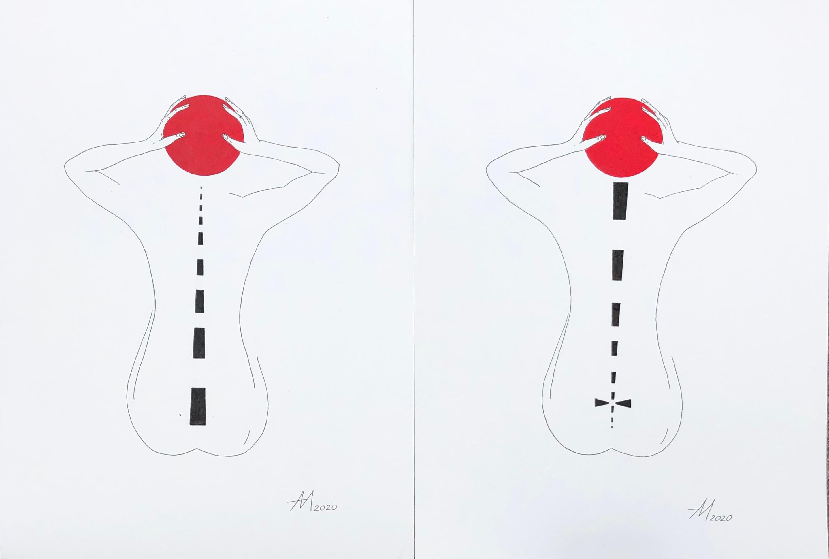Die Zeichnungsfigur in der Braid-Linie und der rote Kreis – Art von Mila Akopova