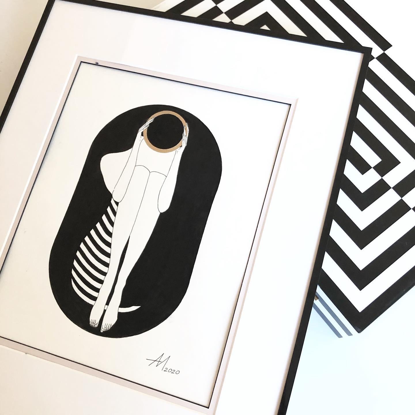 Black and white capsule - line drawing figure with gold disk and stripes - Minimalist Art by Mila Akopova