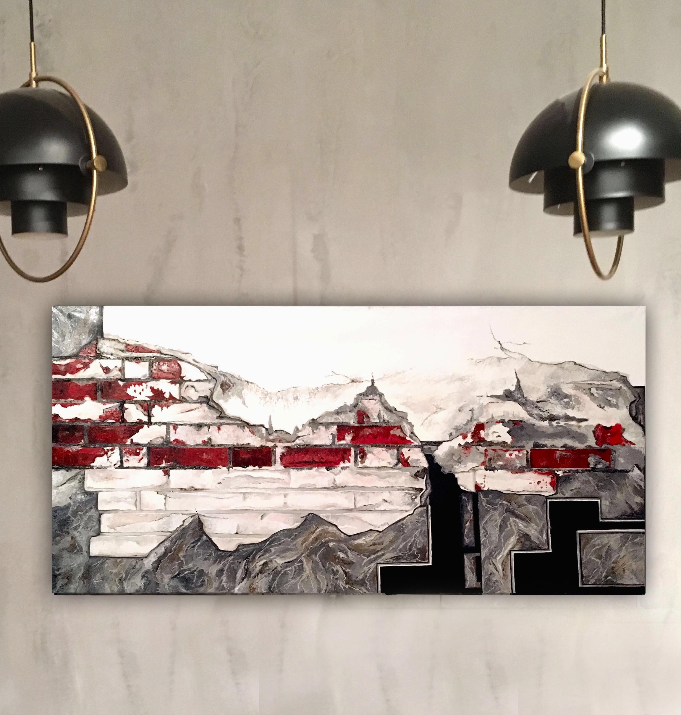 City of Angels (brick wall)-abstract painting made in red, black and white color - Painting by Galin R