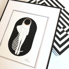 Black capsule - line drawing figure with gold disk and stripes