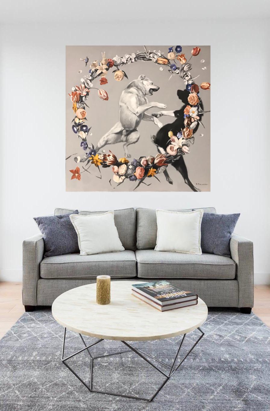 Day-dogs fighting (flowers), made in grey, red, orange, black and white color - Painting by Pavel Polanski