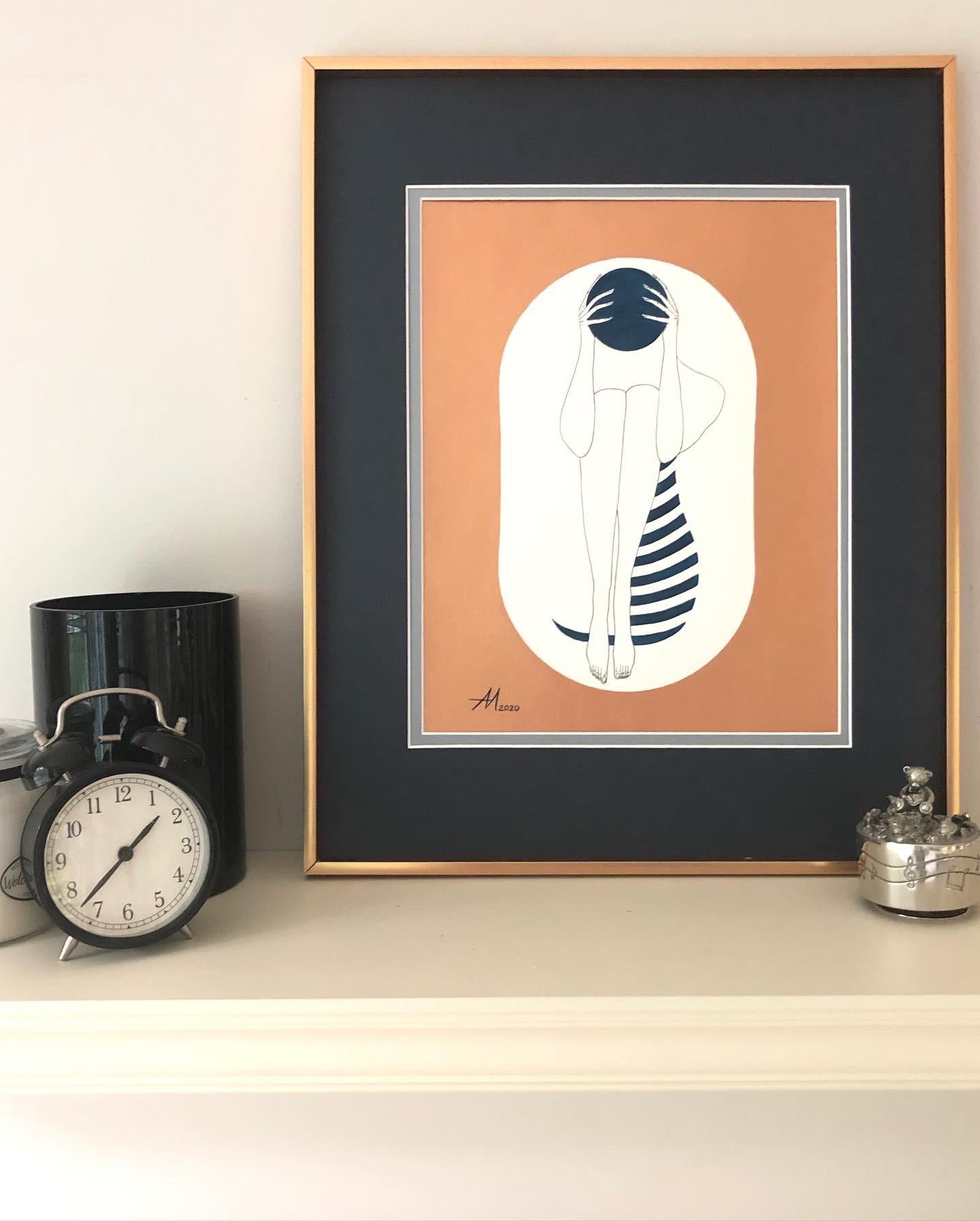 White capsule - line drawing figure with deep blue disk and stripes - Art by Mila Akopova