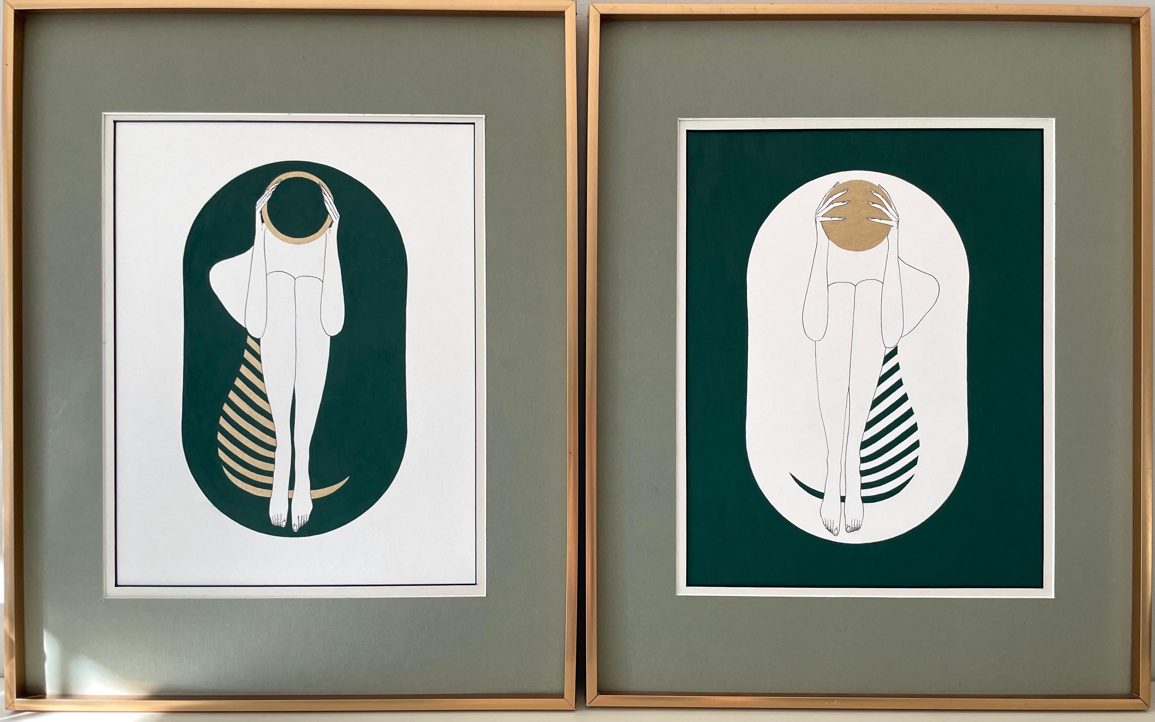 Mila Akopova Abstract Drawing - Green and white capsule - line drawing figure with gold disk and stripes