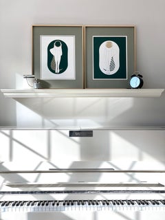 Green and white capsule - line drawing figure with gold disk and stripes