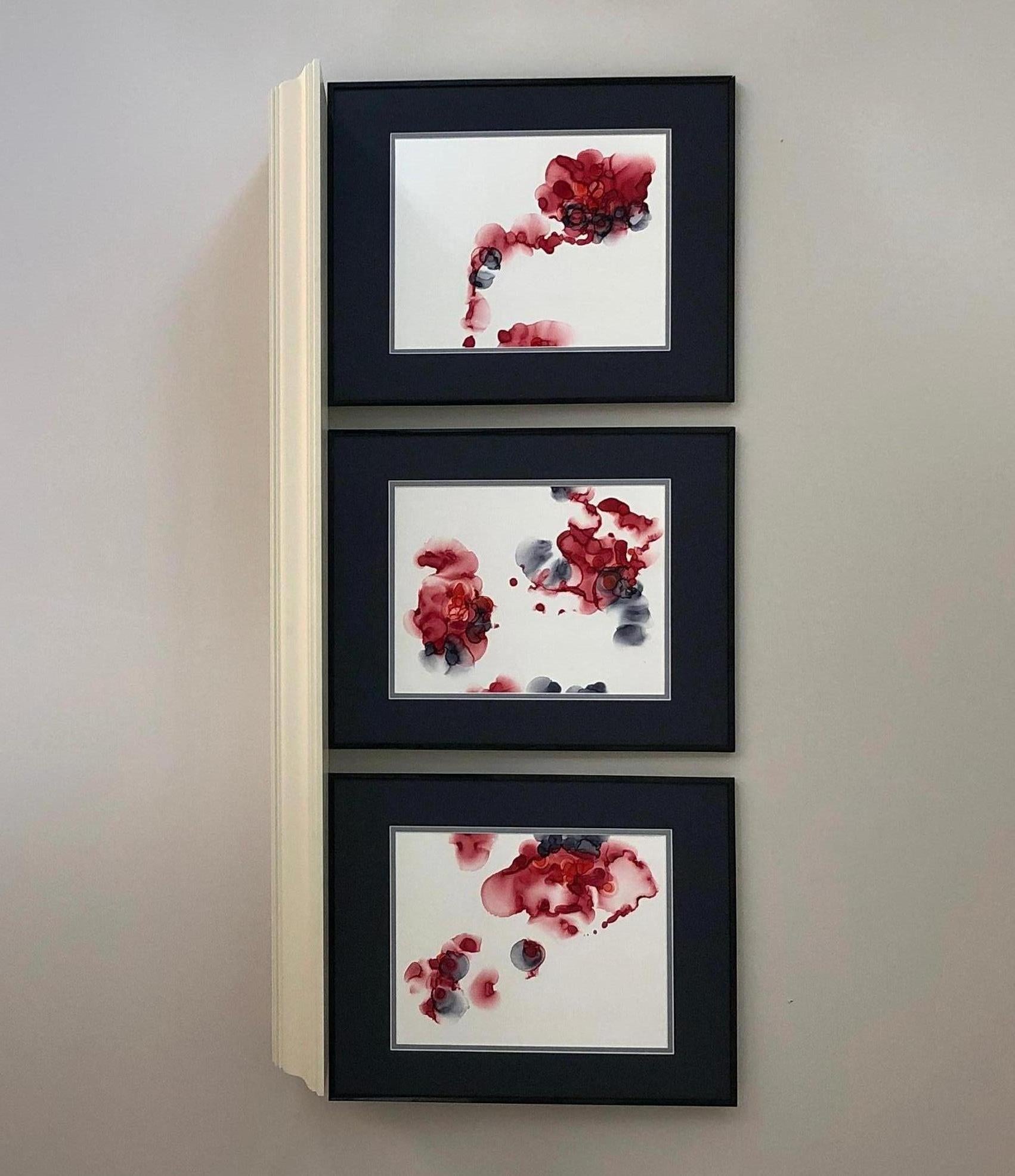 Singed roses - abstraction art, made in cherry red, garnet red, white, grey - Abstract Expressionist Art by Mila Akopova