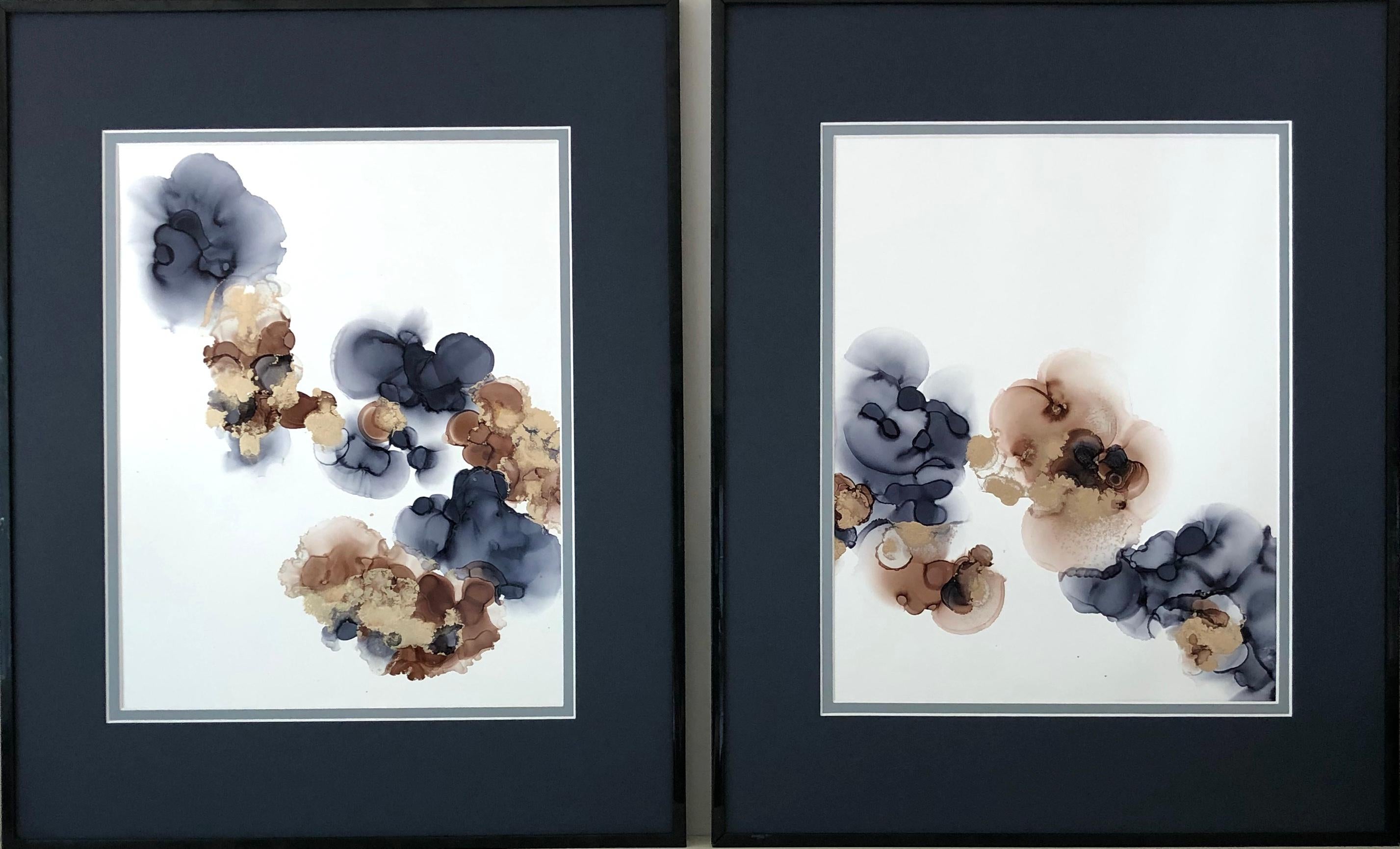 Delicacy - abstraction art, made in gold, brown, gray and navy blue 