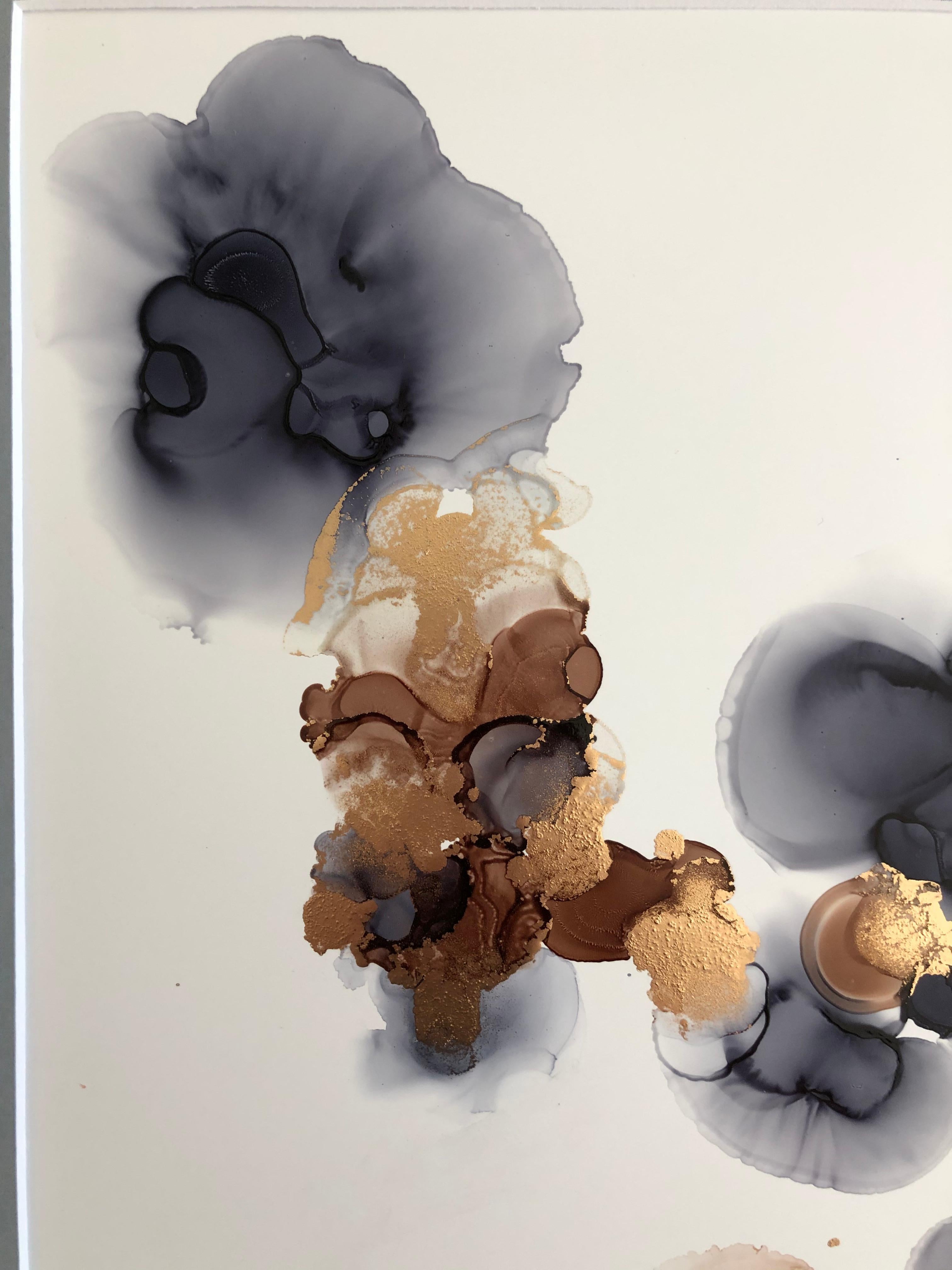 Delicacy - abstraction art, made in gold, brown, gray and navy blue - Black Abstract Drawing by Mila Akopova