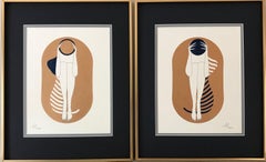 Bronze capsules - line drawing figure with deep blue disk and stripes