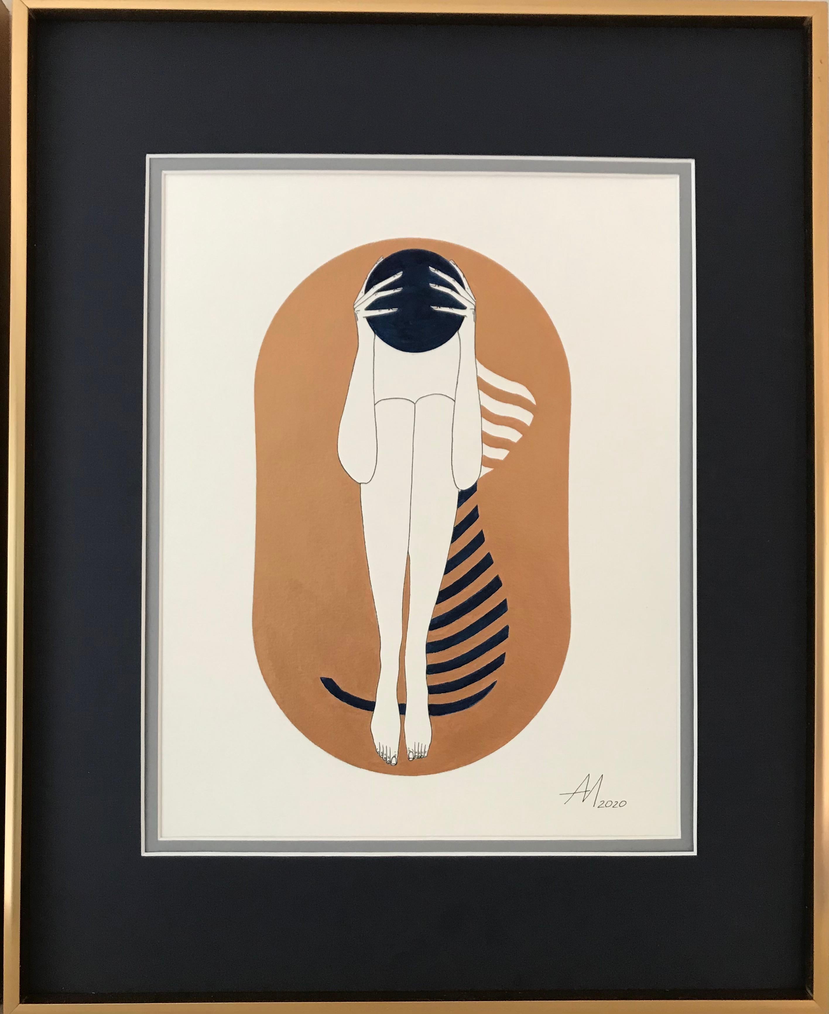 Bronze capsules - line drawing figure with deep blue disk and stripes - Minimalist Art by Mila Akopova