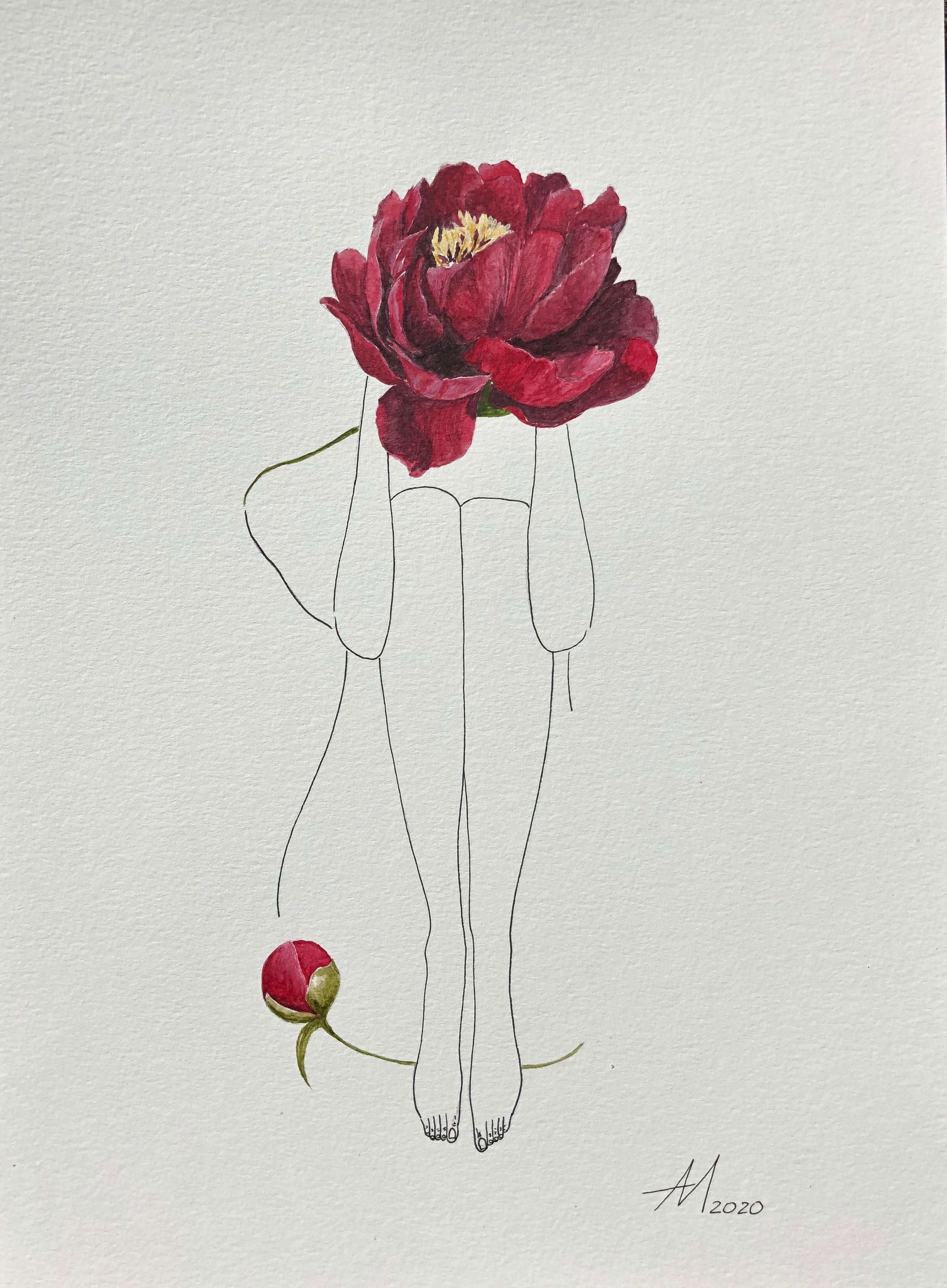Red peony - line drawing woman figure with flower - Art by Mila Akopova