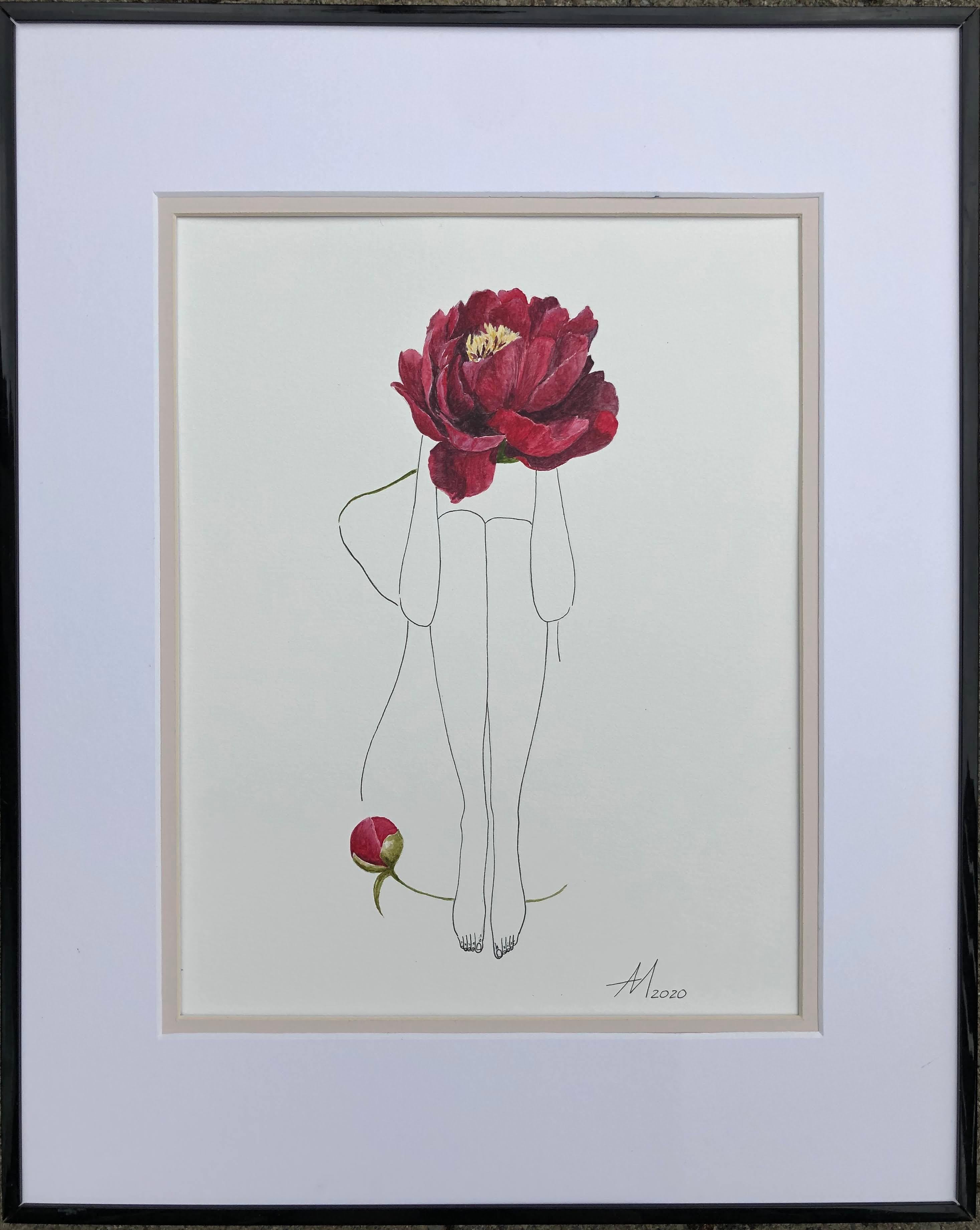 Mila Akopova Abstract Drawing - Red peony - line drawing woman figure with flower