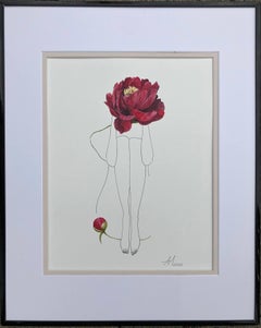 Red peony - line drawing woman figure with flower
