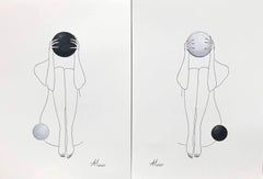 Yin and Yang Planets - line drawing woman figure with black and white circle