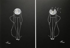 Pensamientos - dibujo lineal figura de mujer con dientes de león blancos