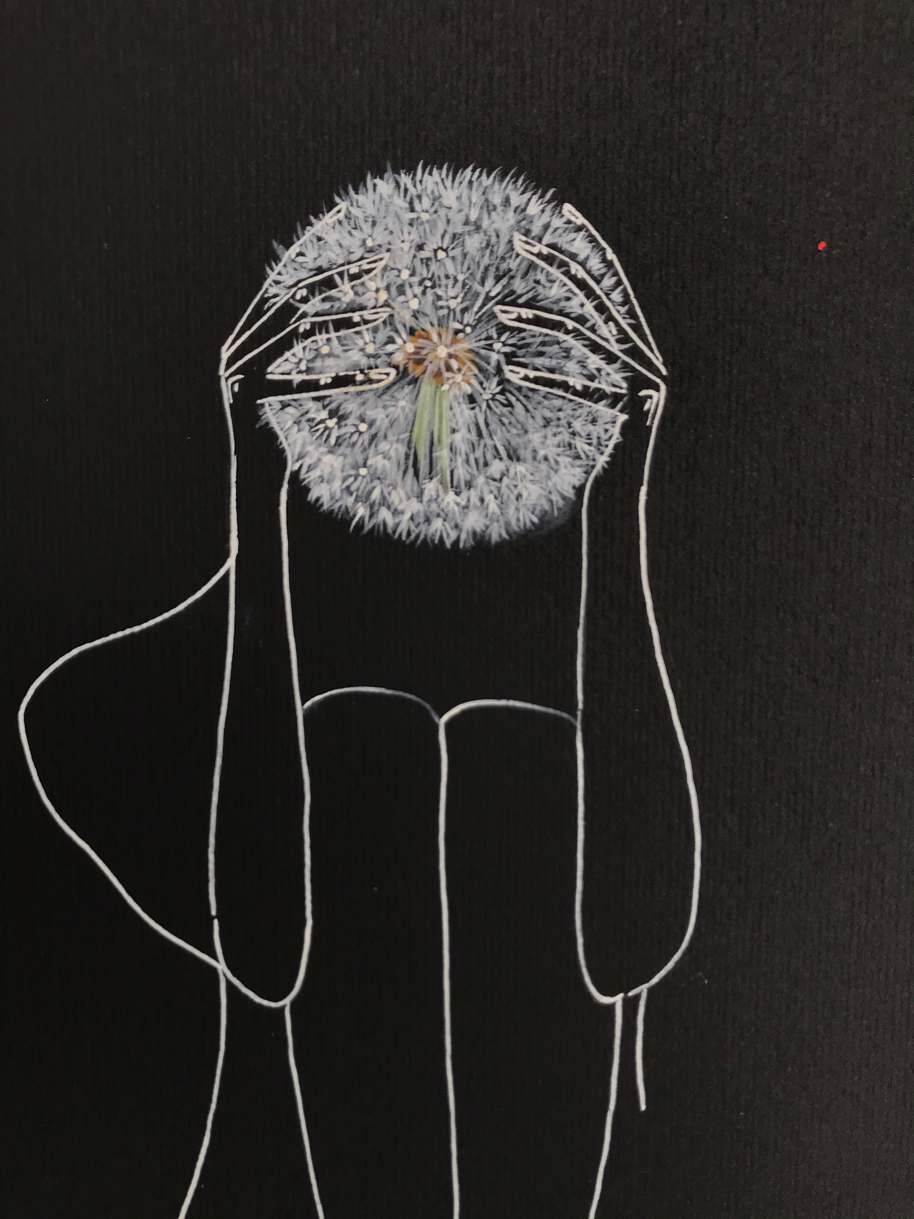 Thoughts - line drawing woman figure with white dandelions - Minimalist Art by Mila Akopova
