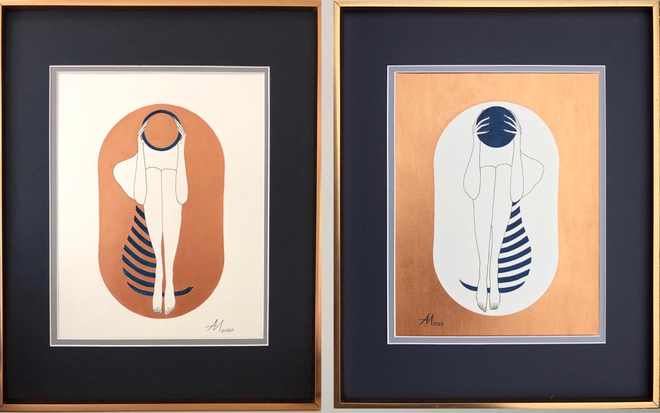 Mila Akopova Abstract Painting - Bronze and white capsule - line drawing figure with deep blue disk and stripes