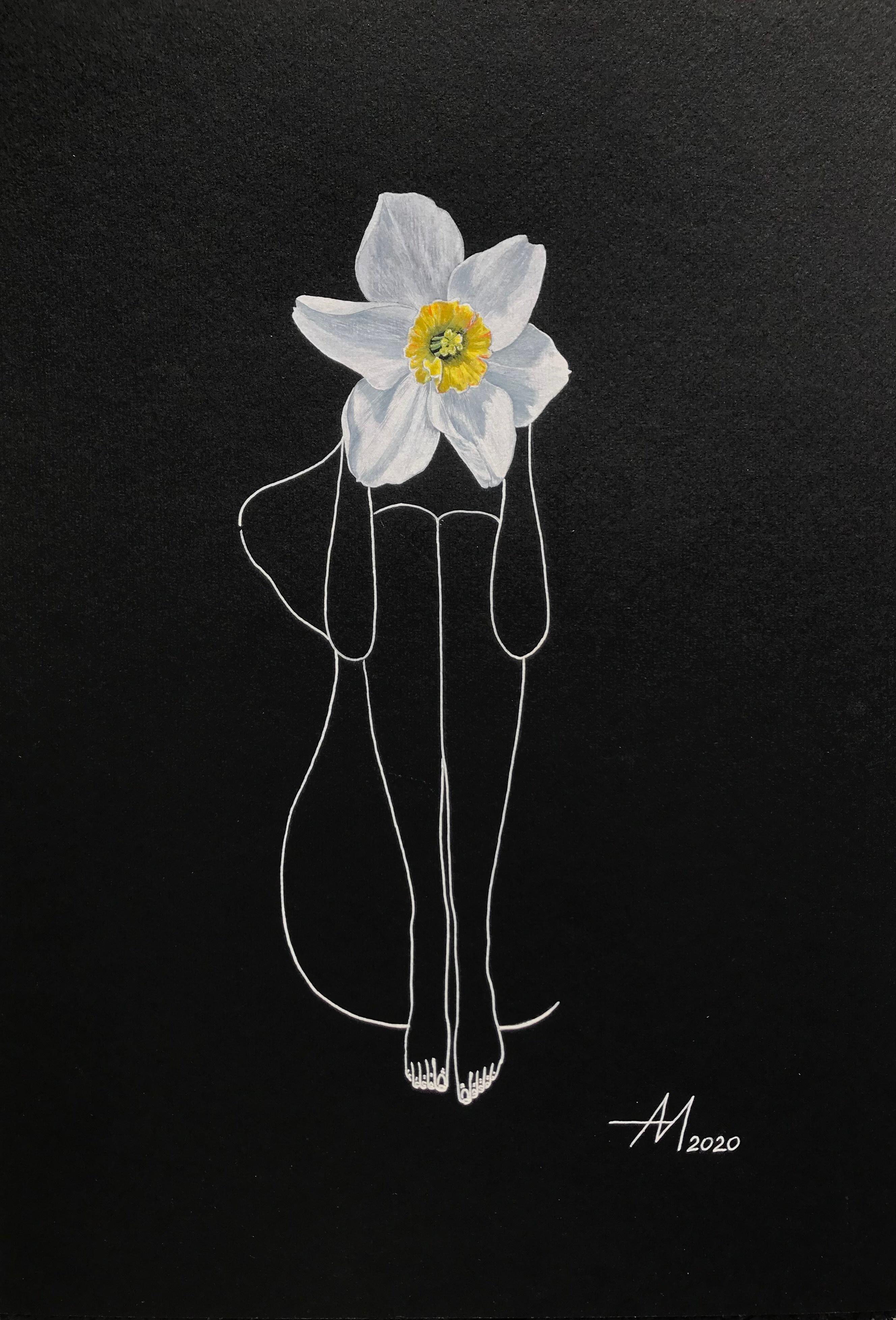 Mila Akopova Abstract Drawing - Narcissus - line drawing woman figure with flower