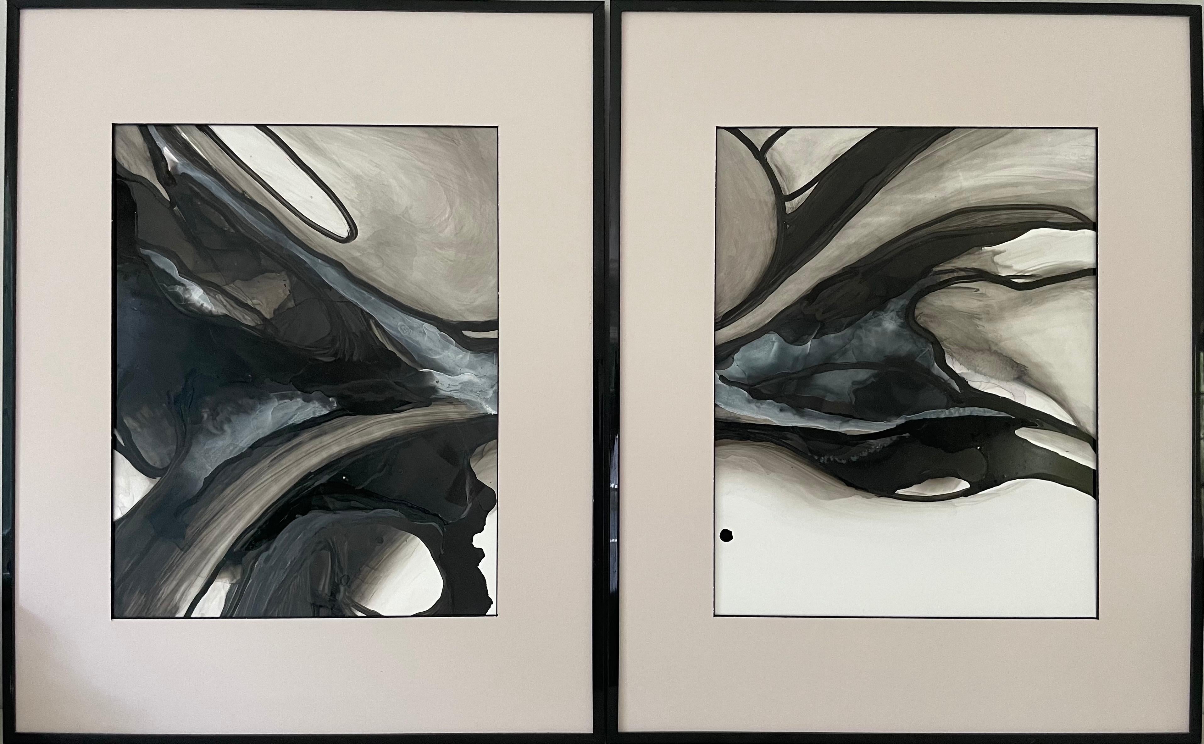 Energy of feelings - abstract painting, made in beige, black and white color