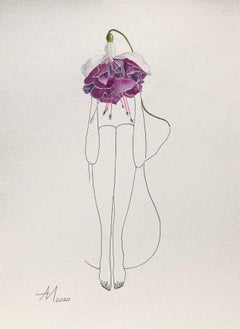 Fuchsia (flower) - line drawing woman figure with pink, purple flower