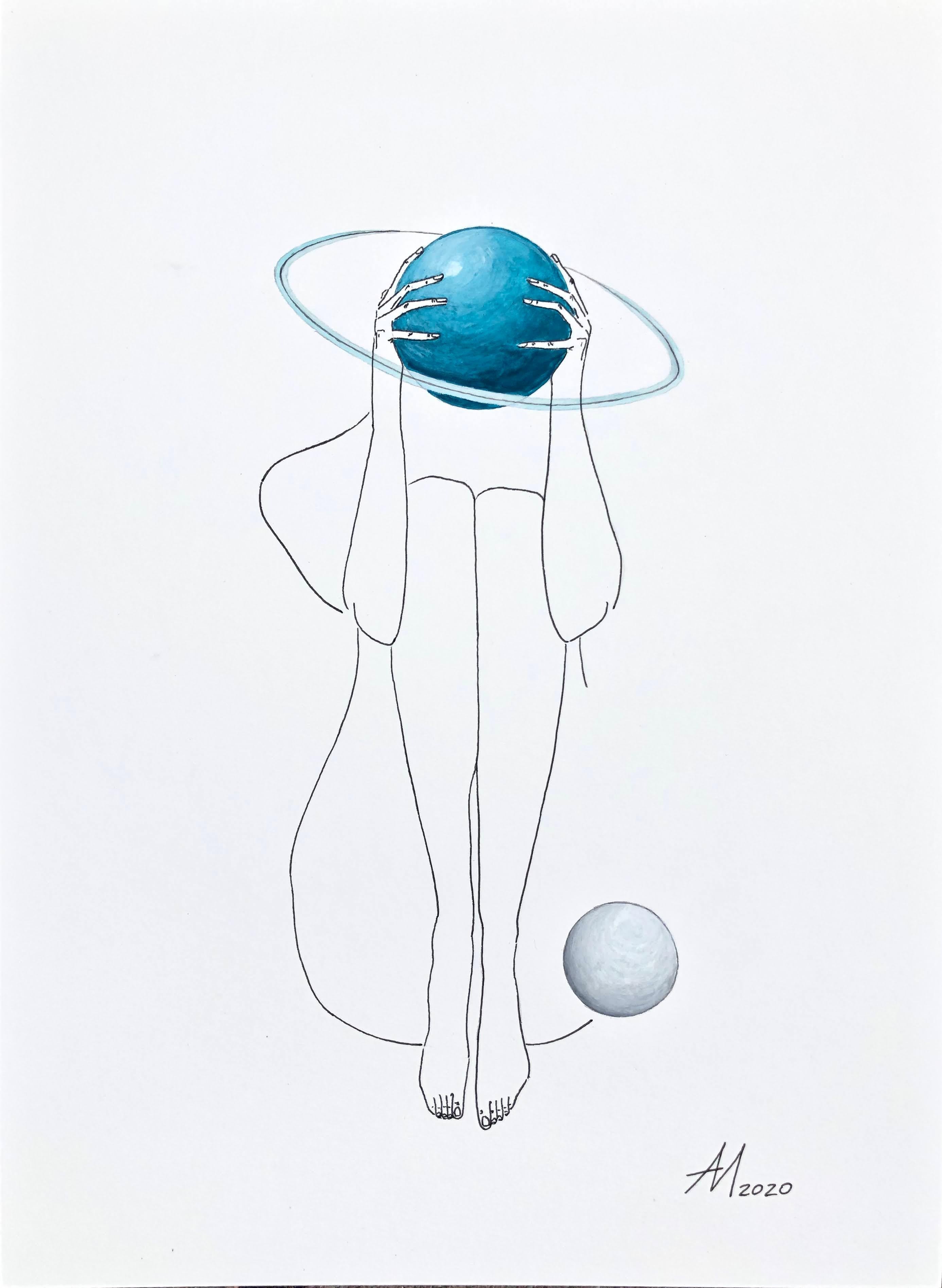 Mila Akopova Figurative Art - Uranus (turquoise blue planet) - line drawing woman figure with circle