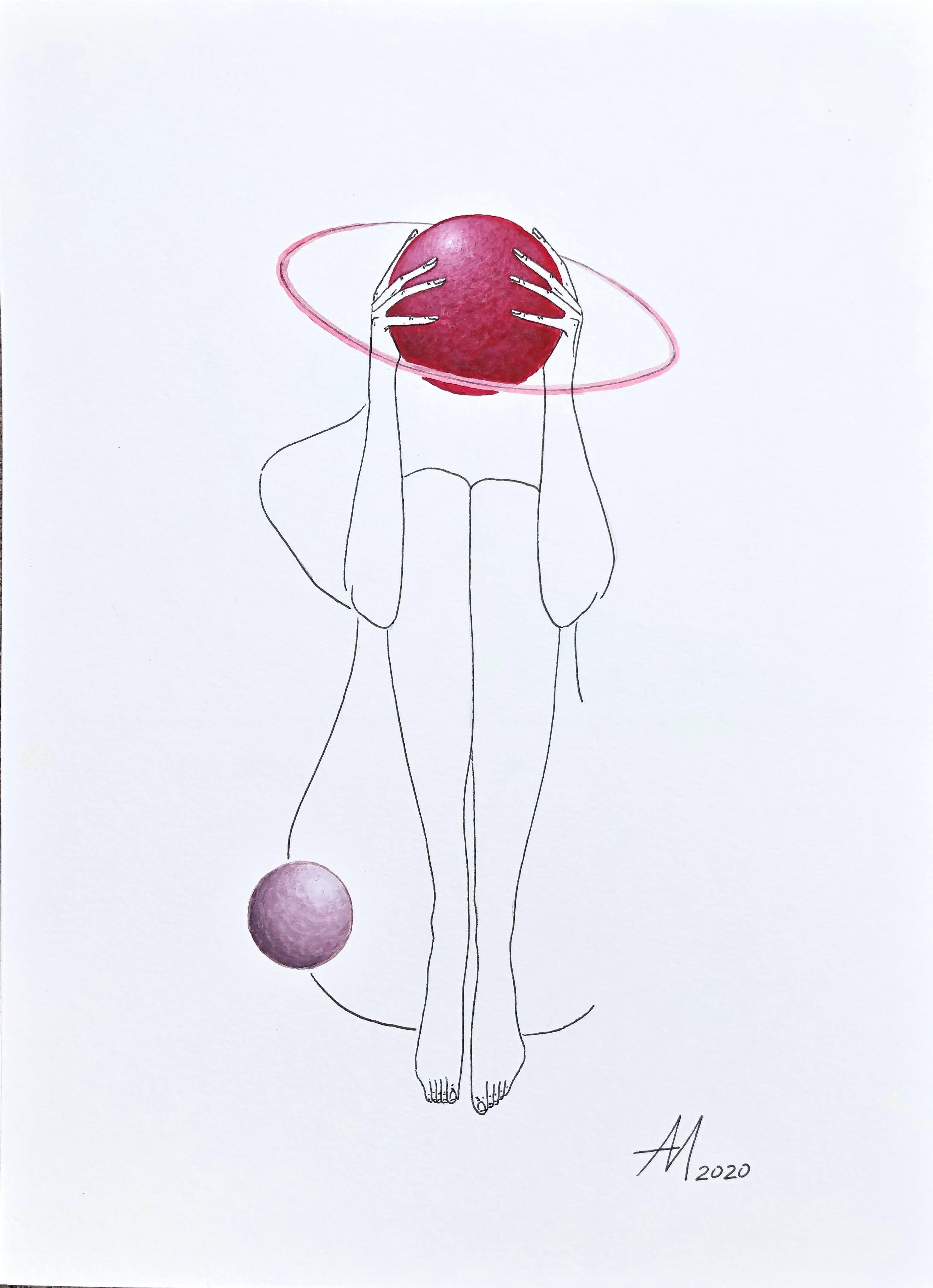 Amour et vertige (Planet) - dessin au trait femme figure avec cercle