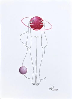 Love and dizziness (planet) - line drawing woman figure with circle