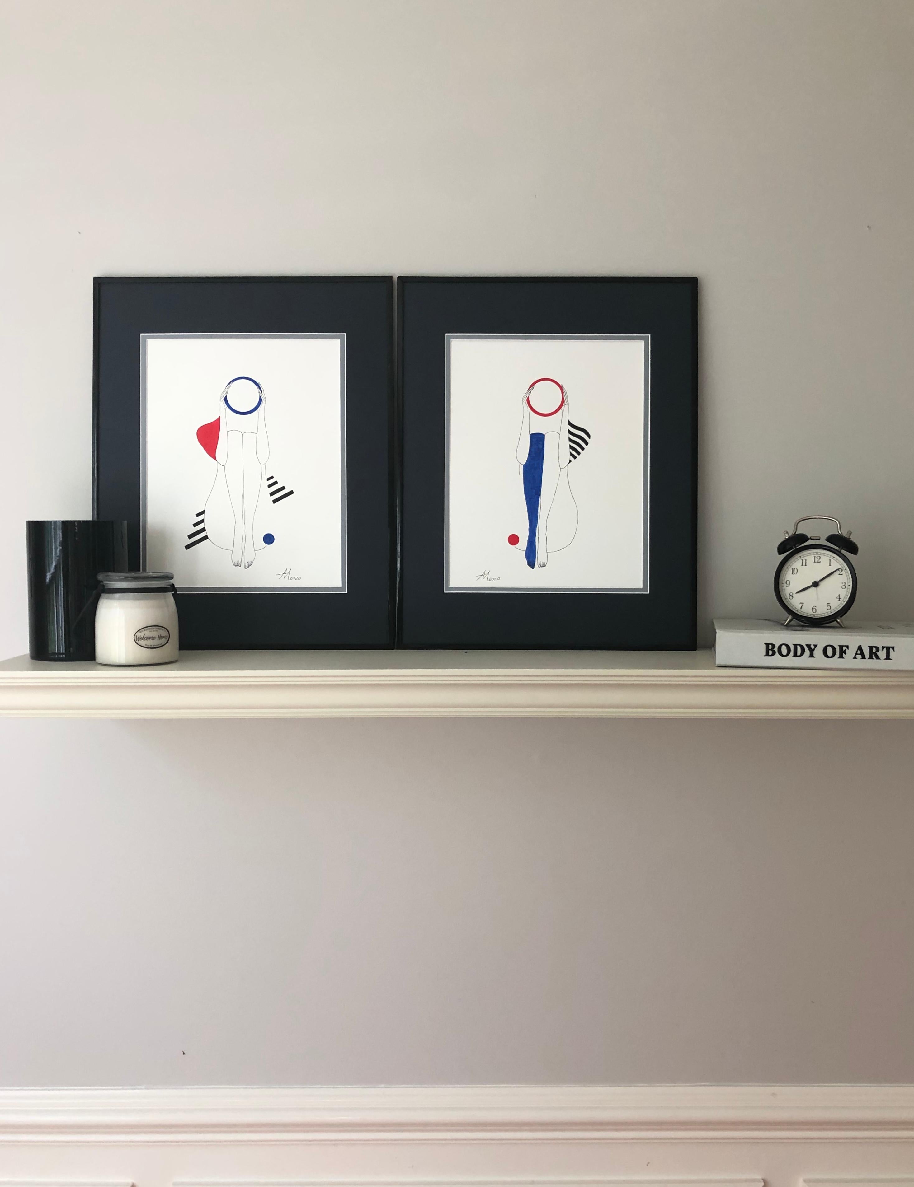 Suprematist composition green shoulder and red stocking - line drawing figure - Gray Abstract Drawing by Mila Akopova