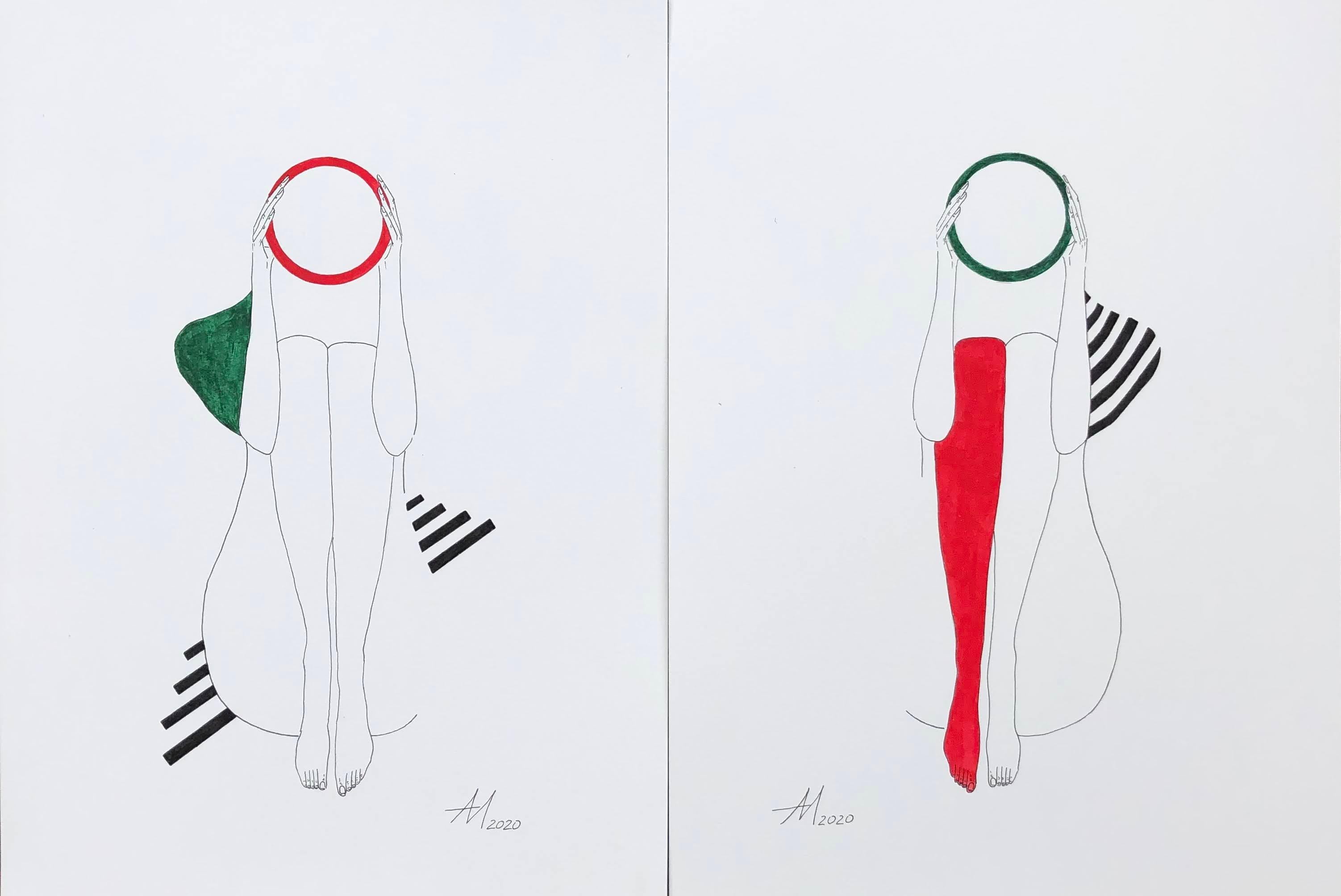 Mila Akopova Abstract Drawing – Suprematistische Komposition mit grüner Schulter und rotem Stocking - Linienzeichnungsfigur 