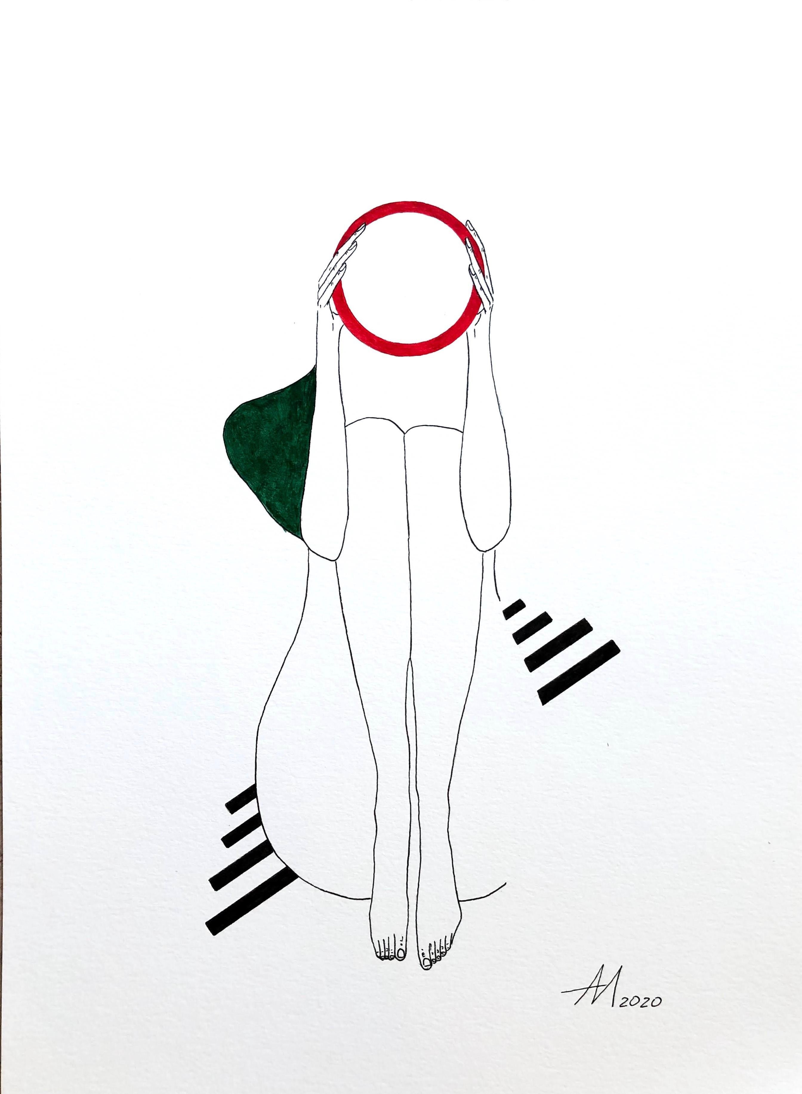 Suprematist composition green shoulder and red stocking - line drawing figure  - Art by Mila Akopova