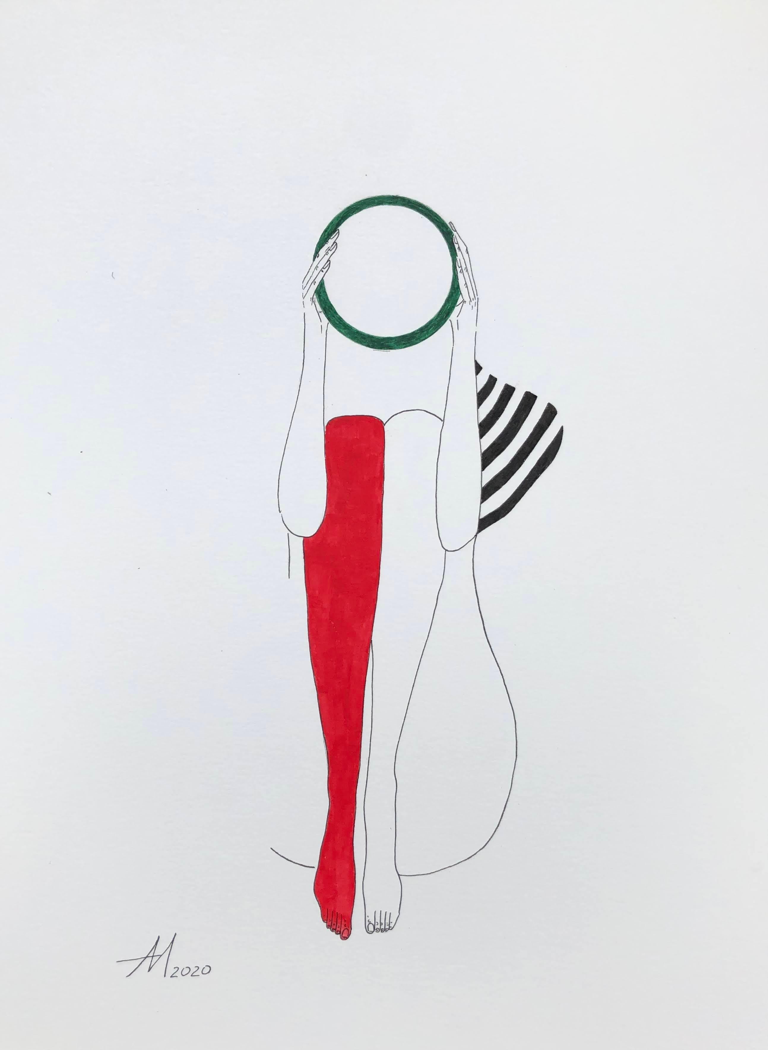 Suprematistische Komposition mit grüner Schulter und rotem Stocking - Linienzeichnungsfigur  (Minimalistisch), Art, von Mila Akopova